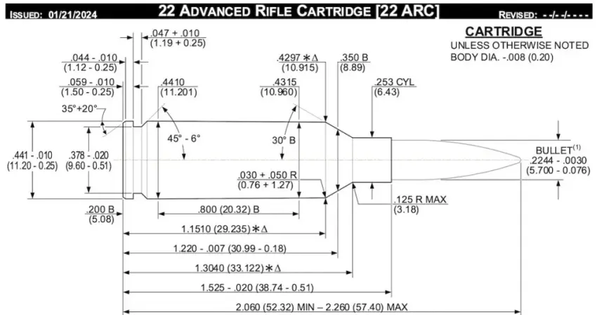 Technical diagram of a 22 Advanced Rifle Cartridge with dimensions, measurements, and angles detailed. Issued date: 01/21/2024.
