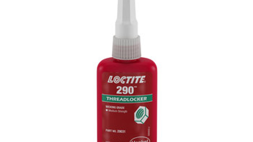 Red Loctite 290 Threadlocker bottle with white nozzle, green and white label text. Part number: 209731. Henkel logo visible.