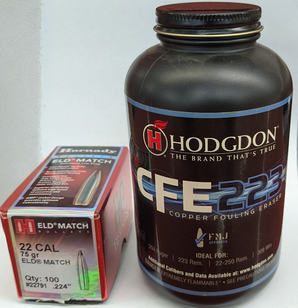 Hodgdon powder container and Hornady ammo box on a white background. Text includes "CFE223" and "22 CAL ELD MATCH," highlighting ammunition details.