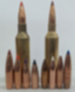 Two large brass bullet casings stand behind a row of eight bullet heads with colored tips. Neutral background.