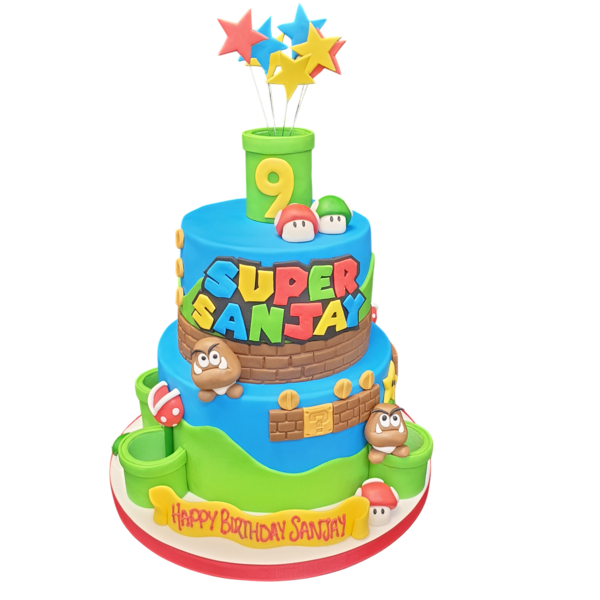 A colourful and fun Super Mario themed cake with detailed edible decorations, perfect for fans of the iconic video game character.