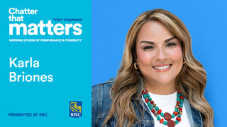 Karla Briones in denim jacket with turquoise necklace on blue background. Text: "Chatter that Matters, Karla Briones, Presented by RBC."
