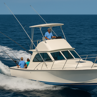 38' Bertram Yacht with happy tourists in Riviera Maya