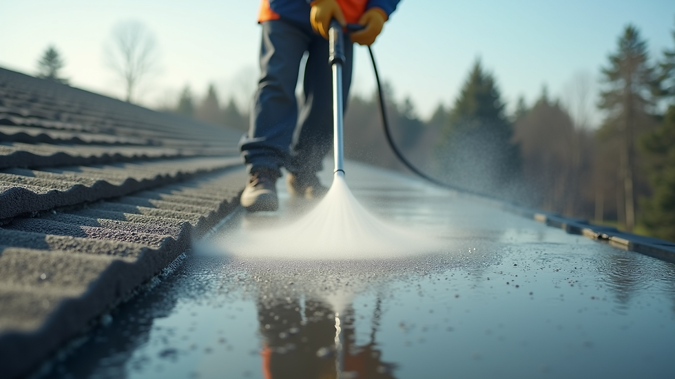 Close-up view of a professional cleaning a roof with low-pressure equipment