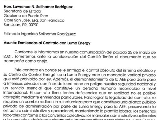 Carta de la Alianza de Empleados Activos y Jubilados de la AEE para el Ingeniero Lawrence N. Seilham