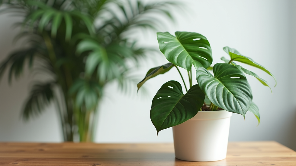 Eye-level view of a philodendron plant in a white pot on a wooden table