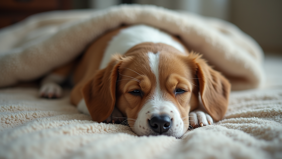 Close-up view of a serene pet resting on a soft blanket