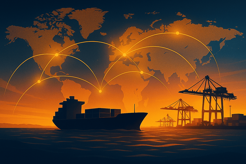 Cargo ship at port, global connections, international shipping calculator, sunset background.