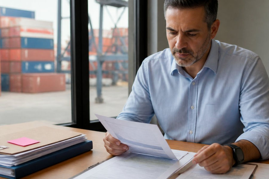 Logistics professional reviewing container shipment documents and tracking information at a desk with shipping containers visible in the background