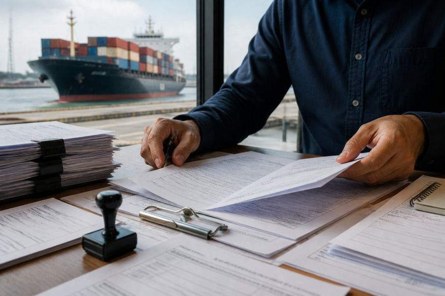 Close-up of hands organizing shipping documents and a bill of lading on a desk, with a container ship visible through a window in the background