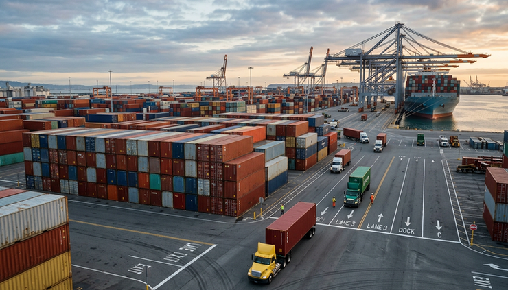Wide-angle view of loaded shipping containers at a port terminal