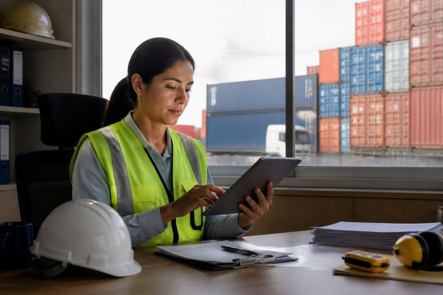 Logistics coordinator reviewing shipment documents for cargo freight forwarding in a warehouse office