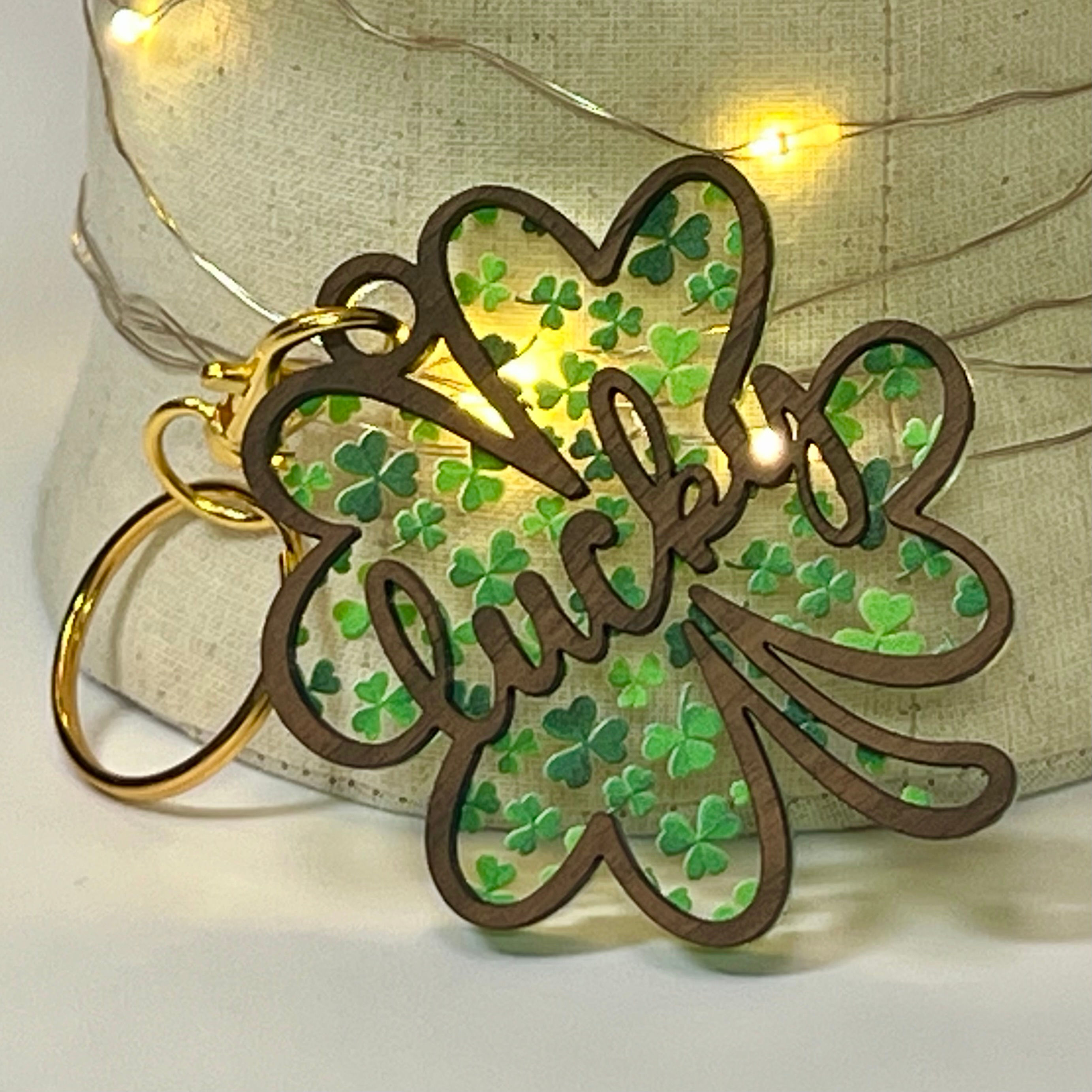 Small Lucky Shamrock Keychain (Walnut/Clear Shamrocks)