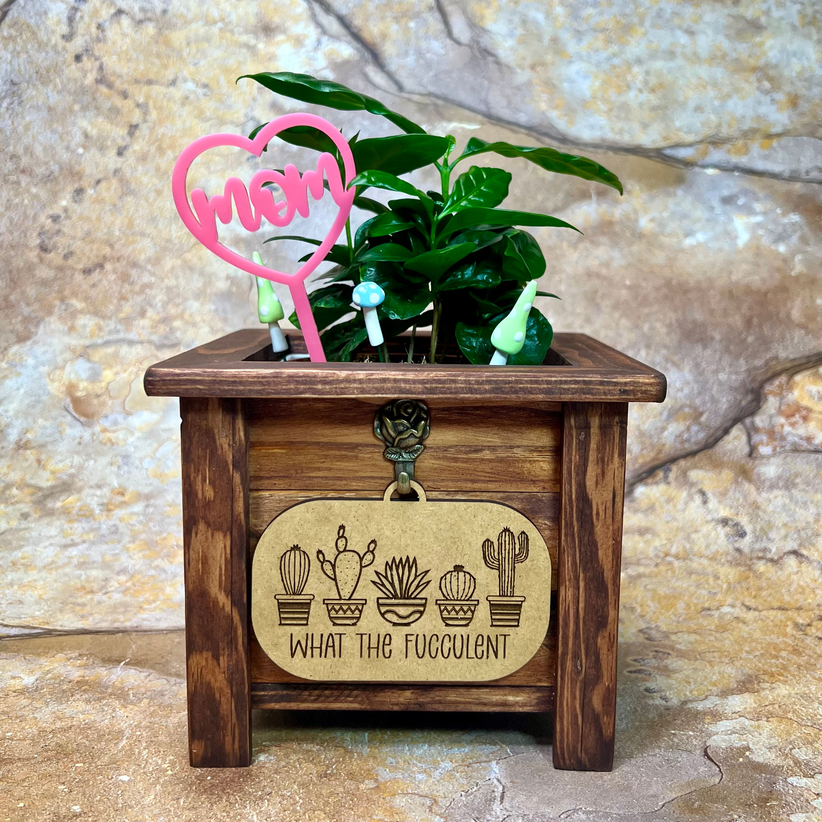 Handmade Indoor Honey Stained Planter Box With Hanging Sign Of Your Choice