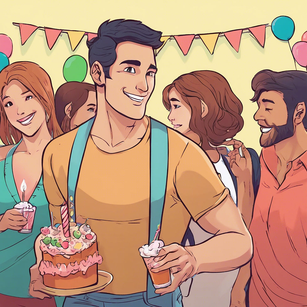 A man at a party holding a cake and milkshake and surrounded by other people