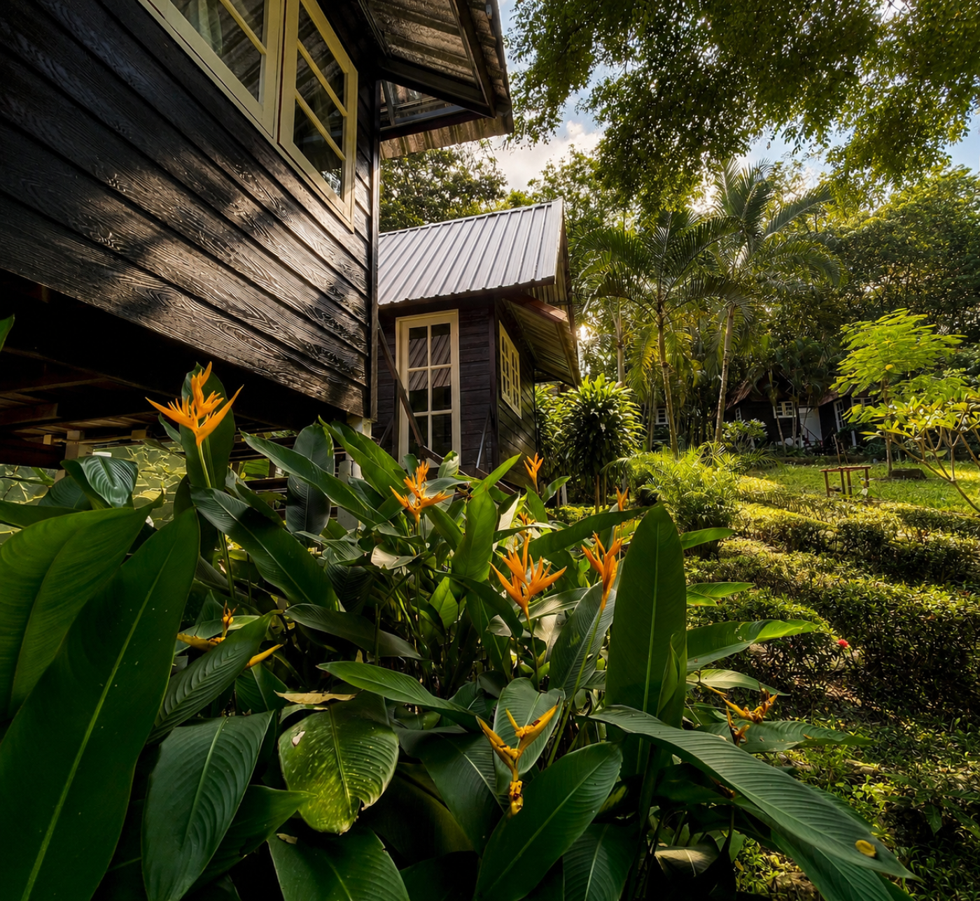 Tropical plants and architectural details around the Garden Bungalows at Vanara