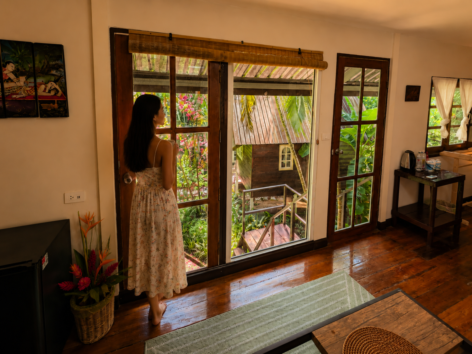 Guest enjoying the panoramic garden view from inside a Garden Villa at Vanara Eco Resort