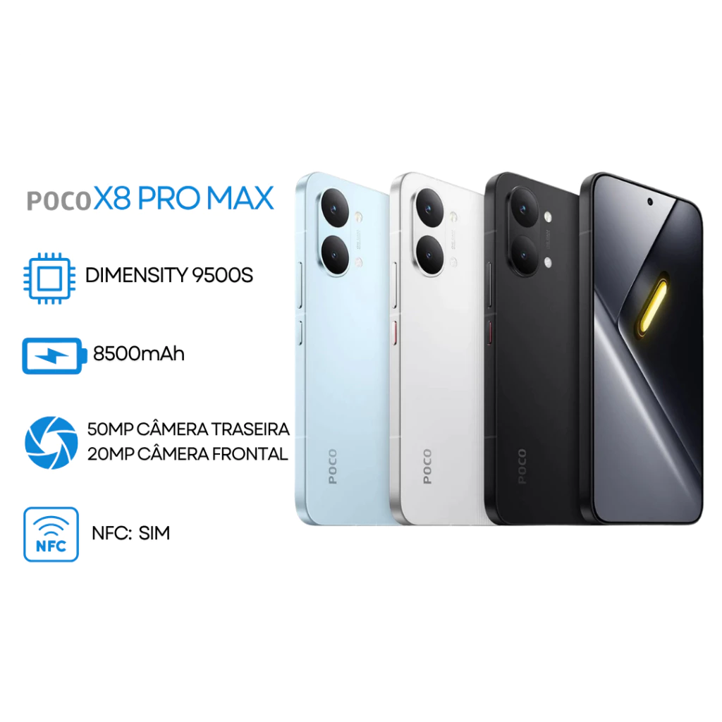 Xiaomi Poco X8 Pro Max 5G, 256GB + 12GB RAM, Processador MediaTek Dimensity 9500
