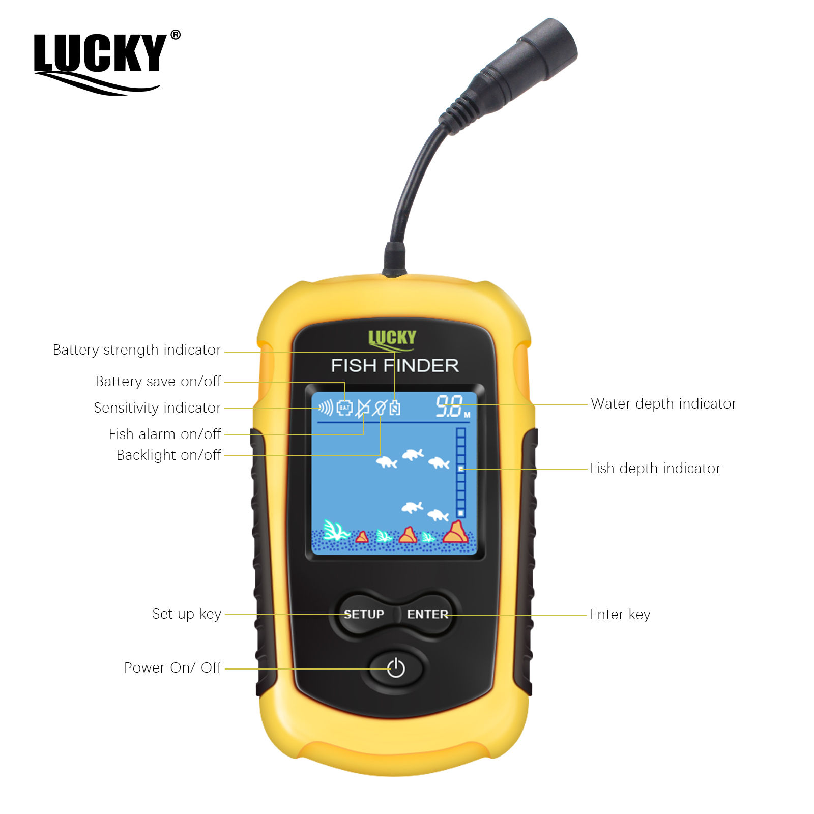 FFC1108-1 Alarm 100M Portable Sonar Fish Finders 45 degrees Sonar Coverage Echo