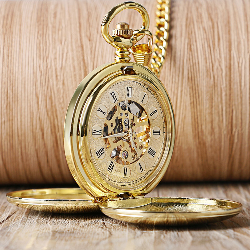 Hand Wind Mechanical Men Pocket Watch Luxury Gold Steampunk Necklace Chain Penda