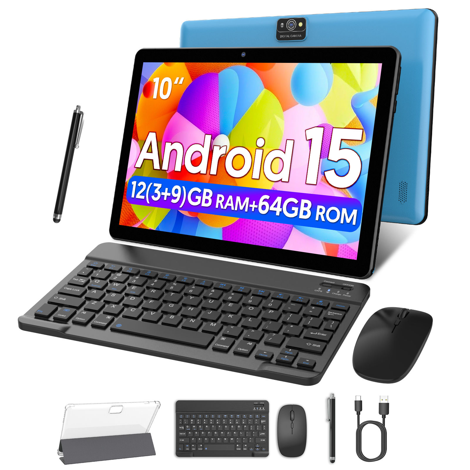 Android 15 Tablet, 10.0-inch screen, quad-core processor, 12GB RAM (3GB+9GB), 64