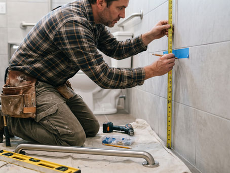 Contractor measuring ADA grab bar placement height against a bathroom wall before installation