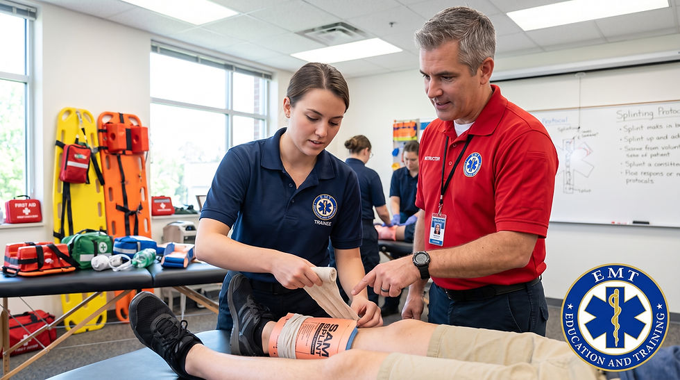 EMT student practicing splinting technique during a hands-on skills day