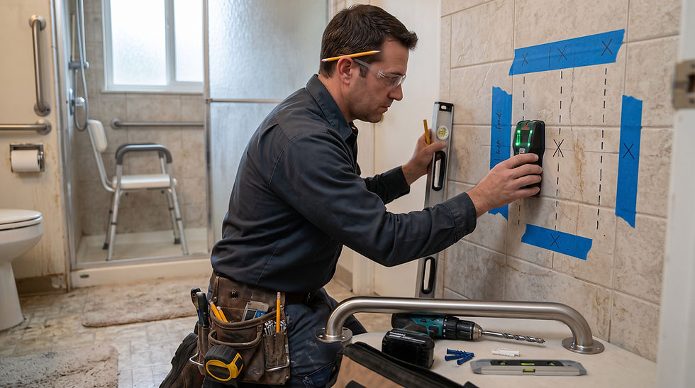 Installer checking wall blocking before mounting a shower grab bar for a senior's bathroom