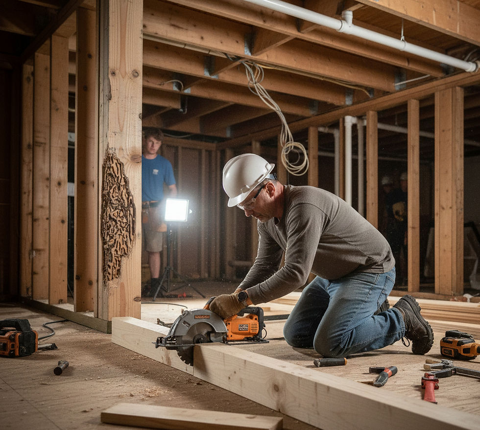 Structural repair work being performed on termite-damaged framing