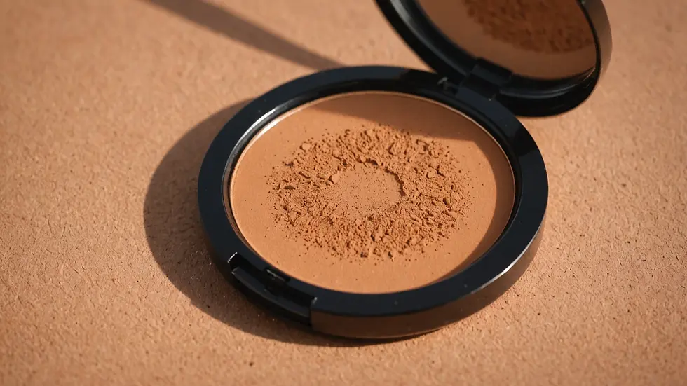 Close-up view of light-reflecting bronzer on a makeup compact