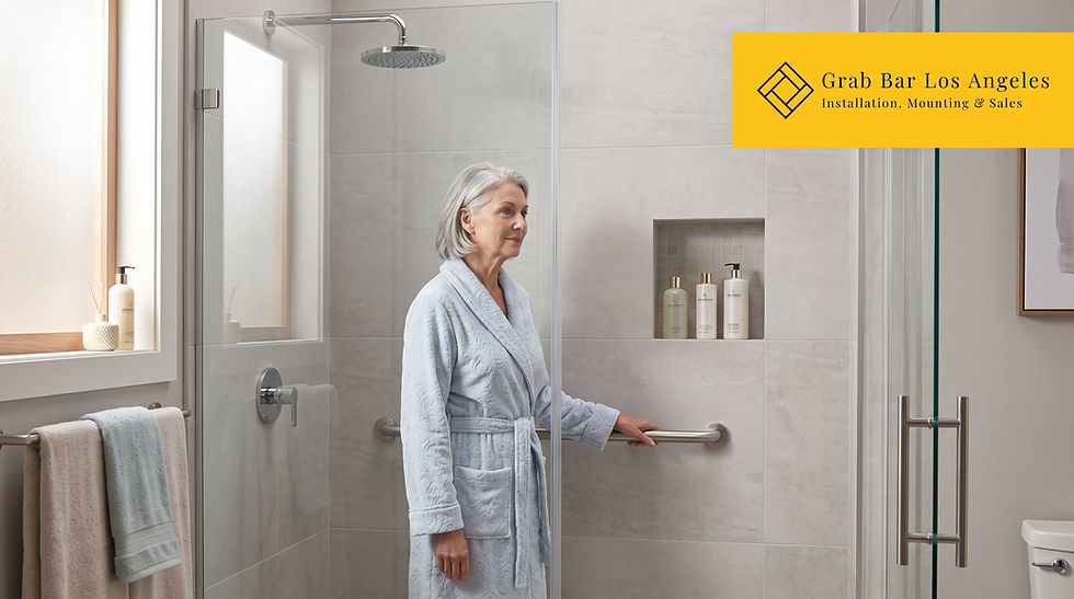Senior using a shower grab bar for seniors mounted at a safe height