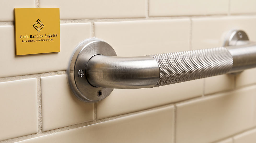 Textured stainless steel shower grab bar installed on a tile wall