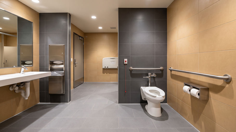 Accessible toilet area with a side-wall and rear-wall grab rail layout in a full-size bathroom