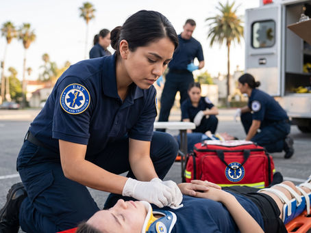 EMT student practicing patient assessment skills during hands-on training in Los Angeles