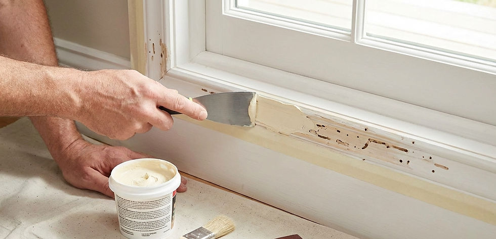 Applying wood filler to minor termite-damaged trim after treatment