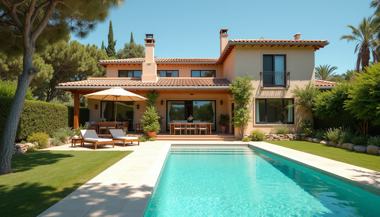 Wide angle view of a cozy vacation home with a pool and garden