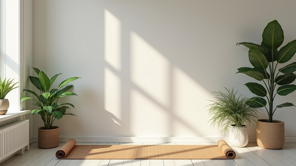 Eye-level view of a peaceful home yoga setup with a mat and plants