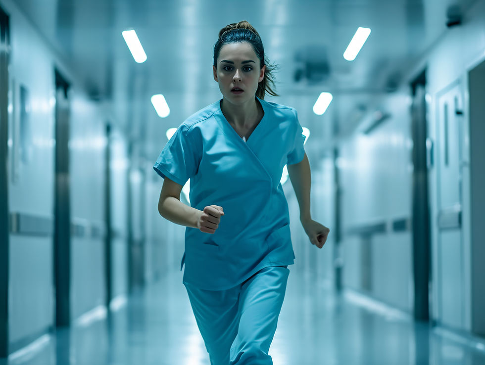person running down a hospital corridor