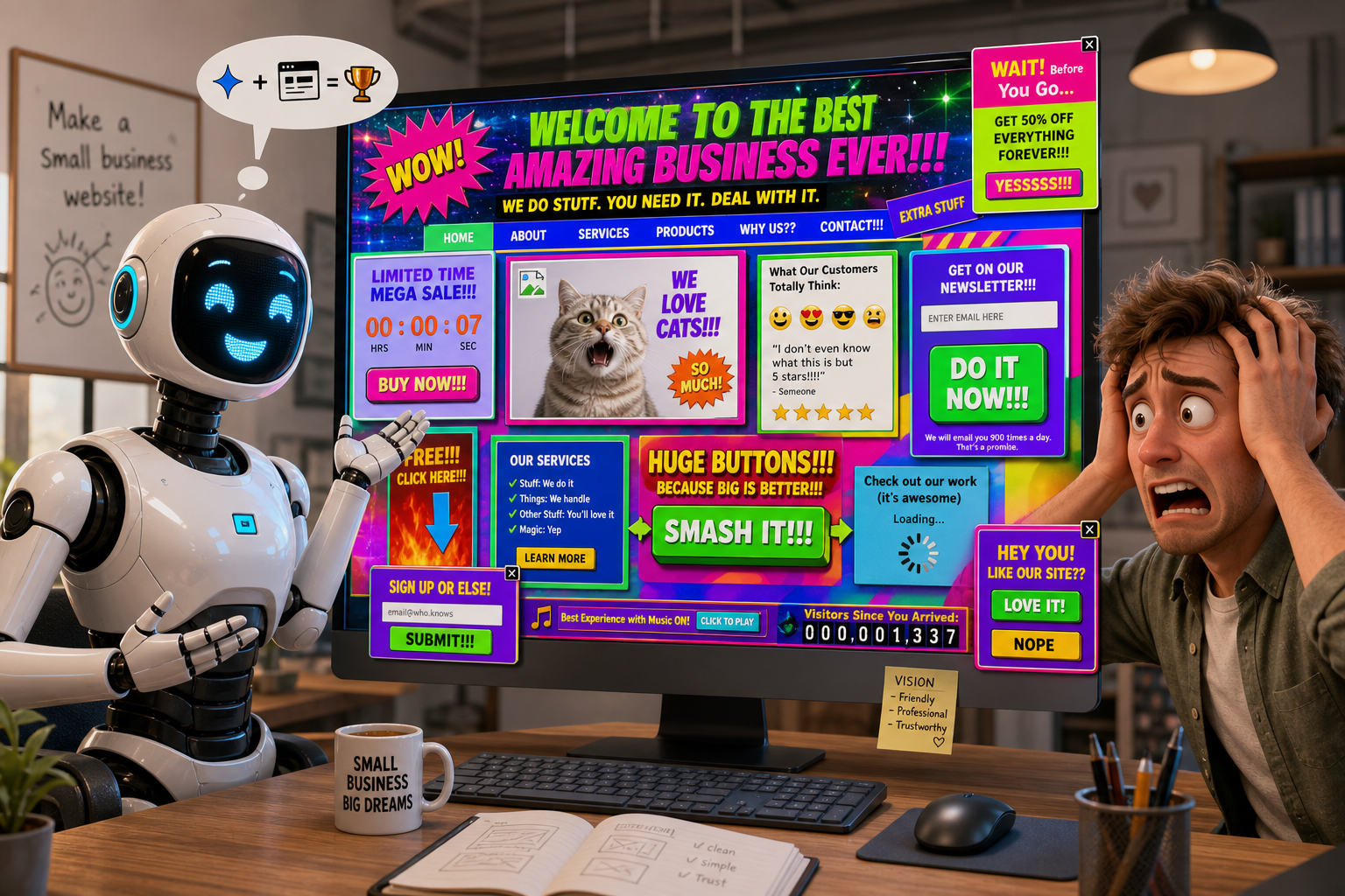 An AI bot creating a very bad looking website 