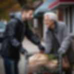 A young man joyfully helps an elderly gentleman with his groceries on a neighborhood street, embodying kindness and community spirit.