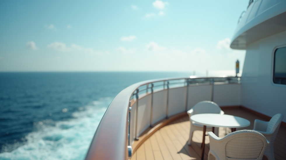 Close-up view of a luxury cruise ship deck with ocean horizon