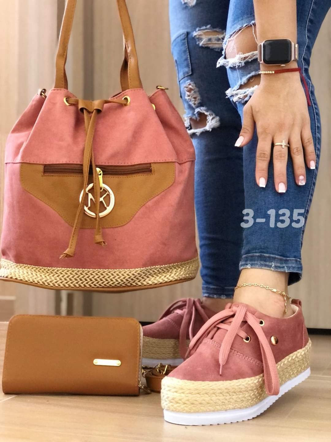 Combinacion trio con bolso zapato y monedero rosa viejo