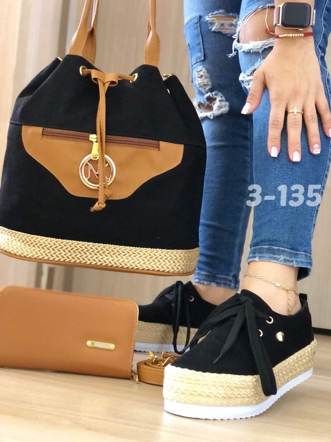 Trio de bolso con zapato y monedero negro para dama