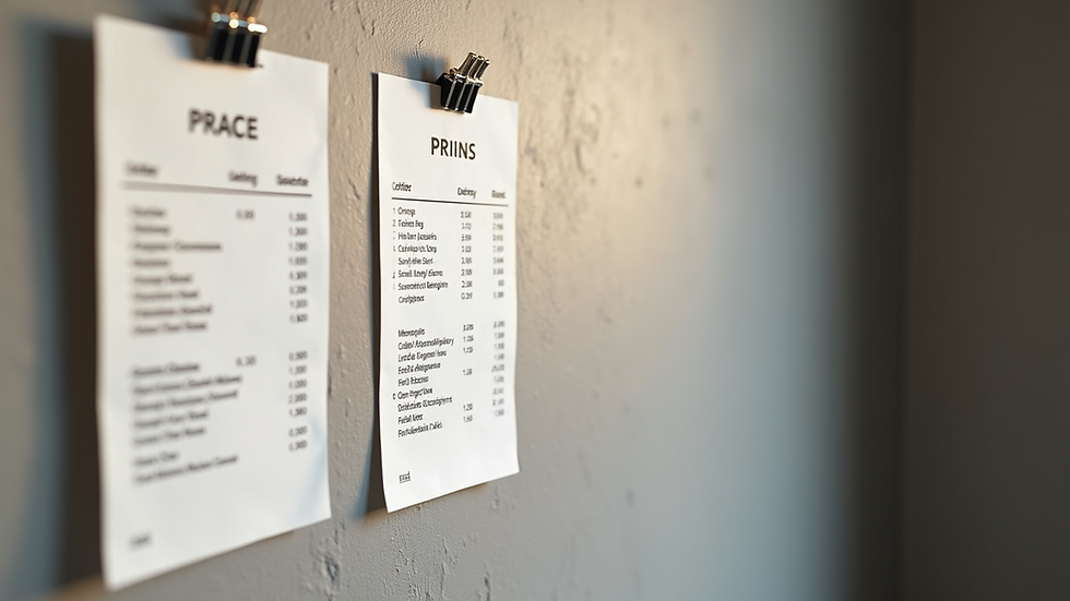 High angle view of a pricing list on a studio wall