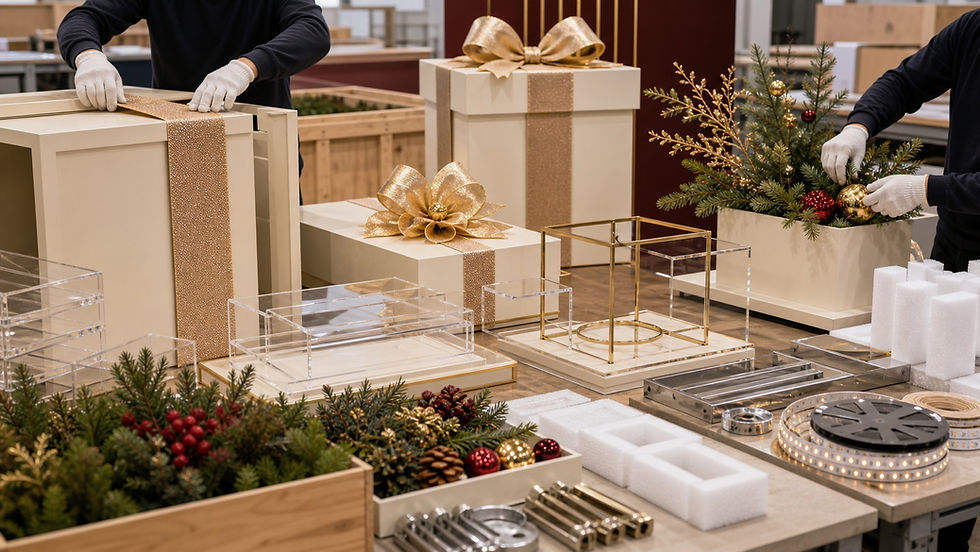 Christmas window display production setup with custom retail props and acrylic product platforms
