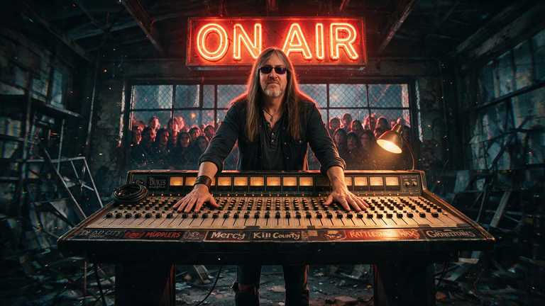 Wide landscape photo of a long-haired person at a large audio mixing desk with a glowing red 'ON AIR' sign behind them and a crowd in the background.