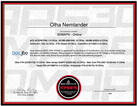Olha Nemlander 3DMAPS Online certification from Grey Institute, Nemwellness.