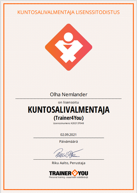 Lisenssitodistus kuntosalivalmentaja