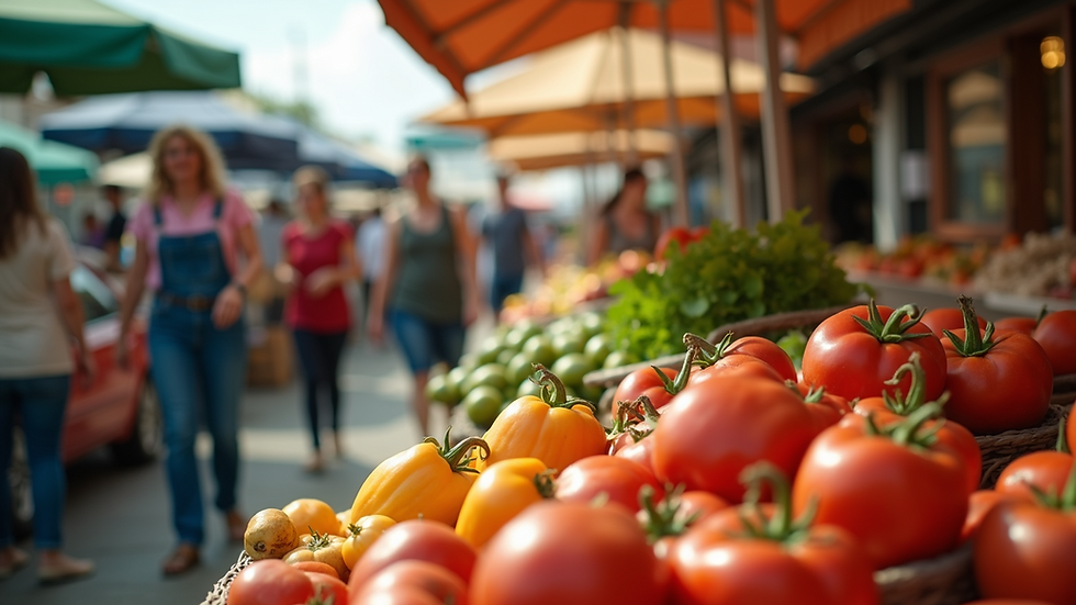 Close-up view of a busy local farmer's market showcasing small businesses