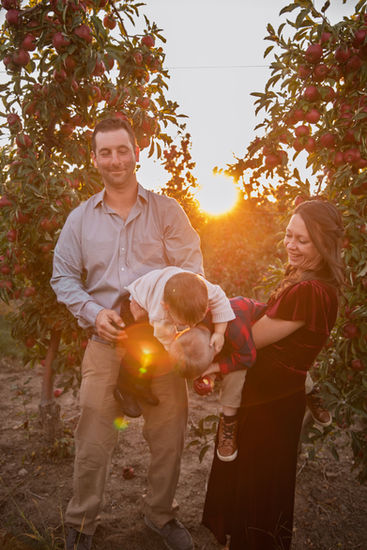 family playing in apple orchard at golden hour in rochester new york